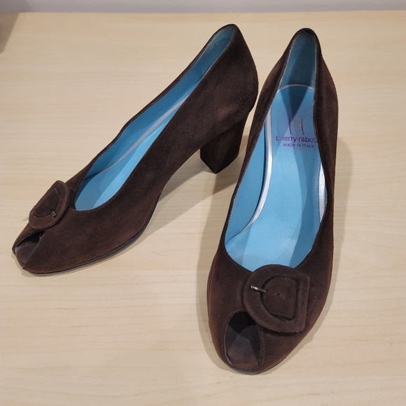 Vintage Suede Thierry Rabotin Peep Toe Block Heels - sz 36.5 EU - Picture 11 of 12